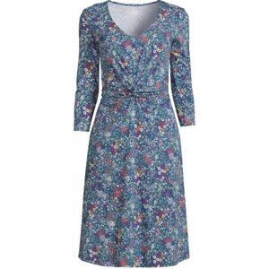 Lands End M/Tall Blue Ditsy Floral 3/4 Sleeve Twist Front Knit Dress Pockets